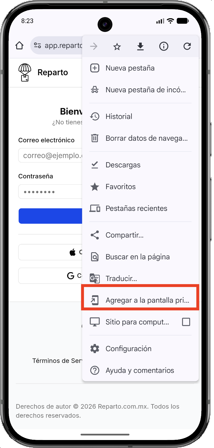 Paso 2 para instalar Reparto en Android