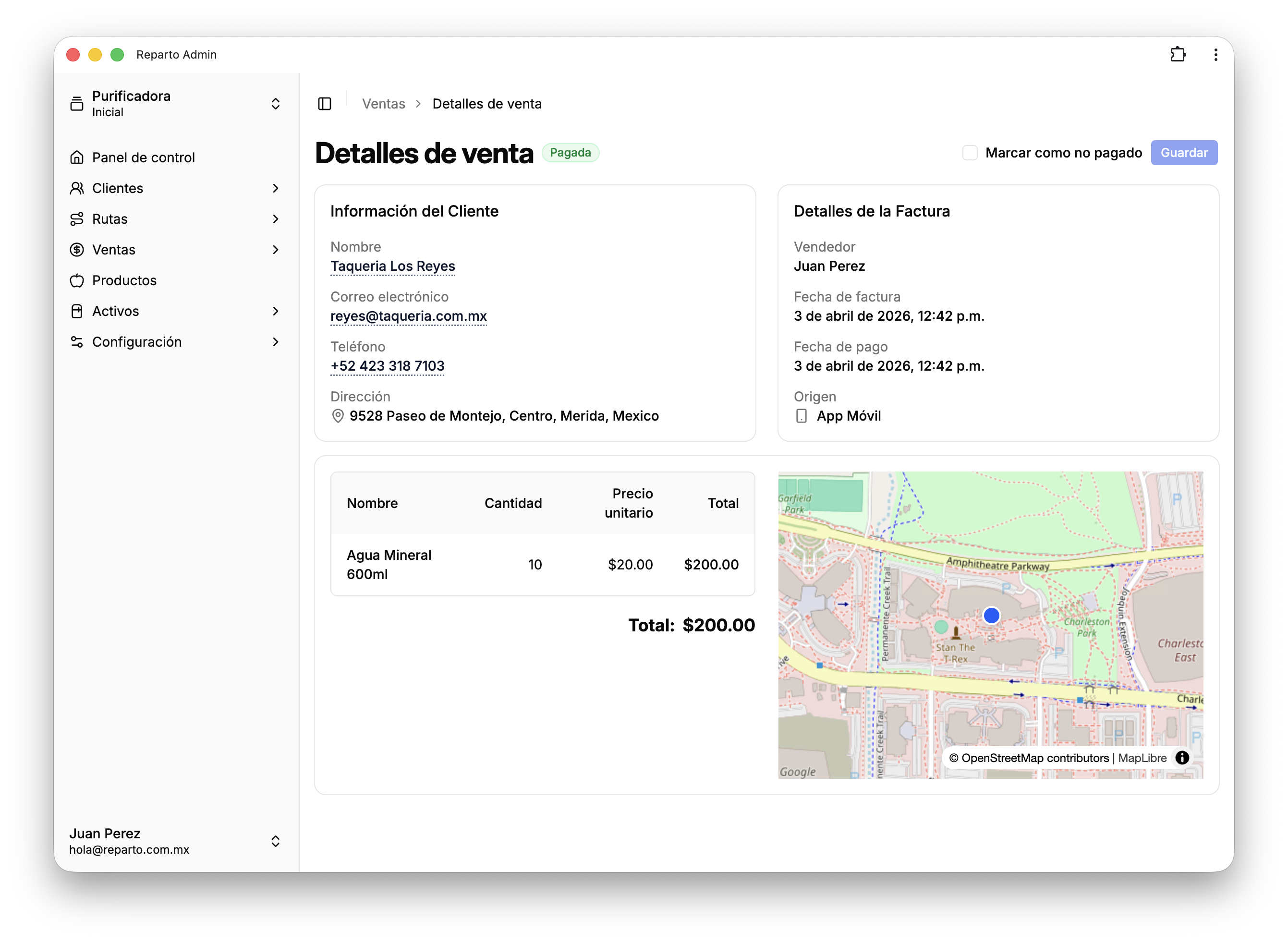 Detalles de venta del cliente en Reparto