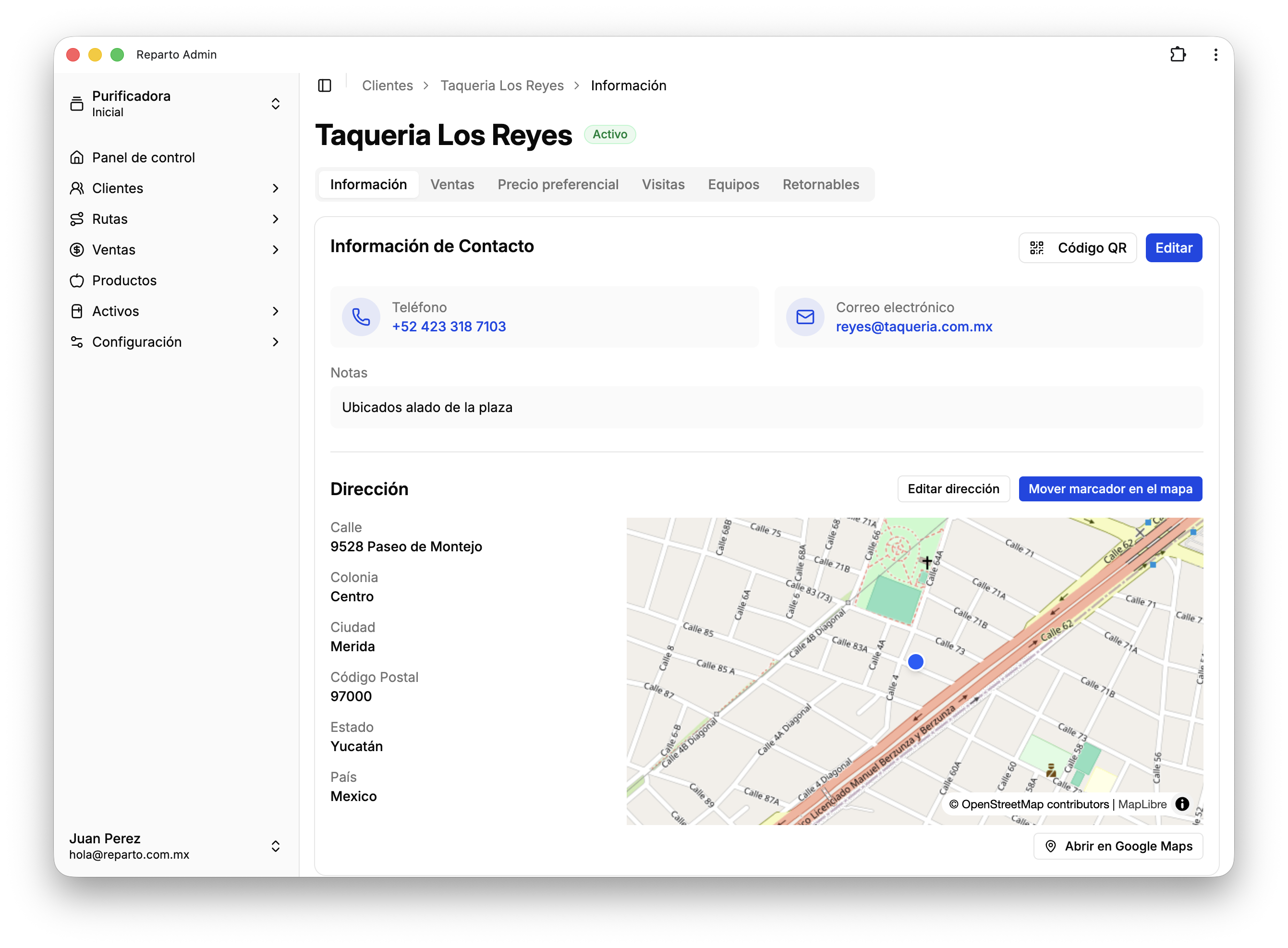 Resumen de cliente en Reparto