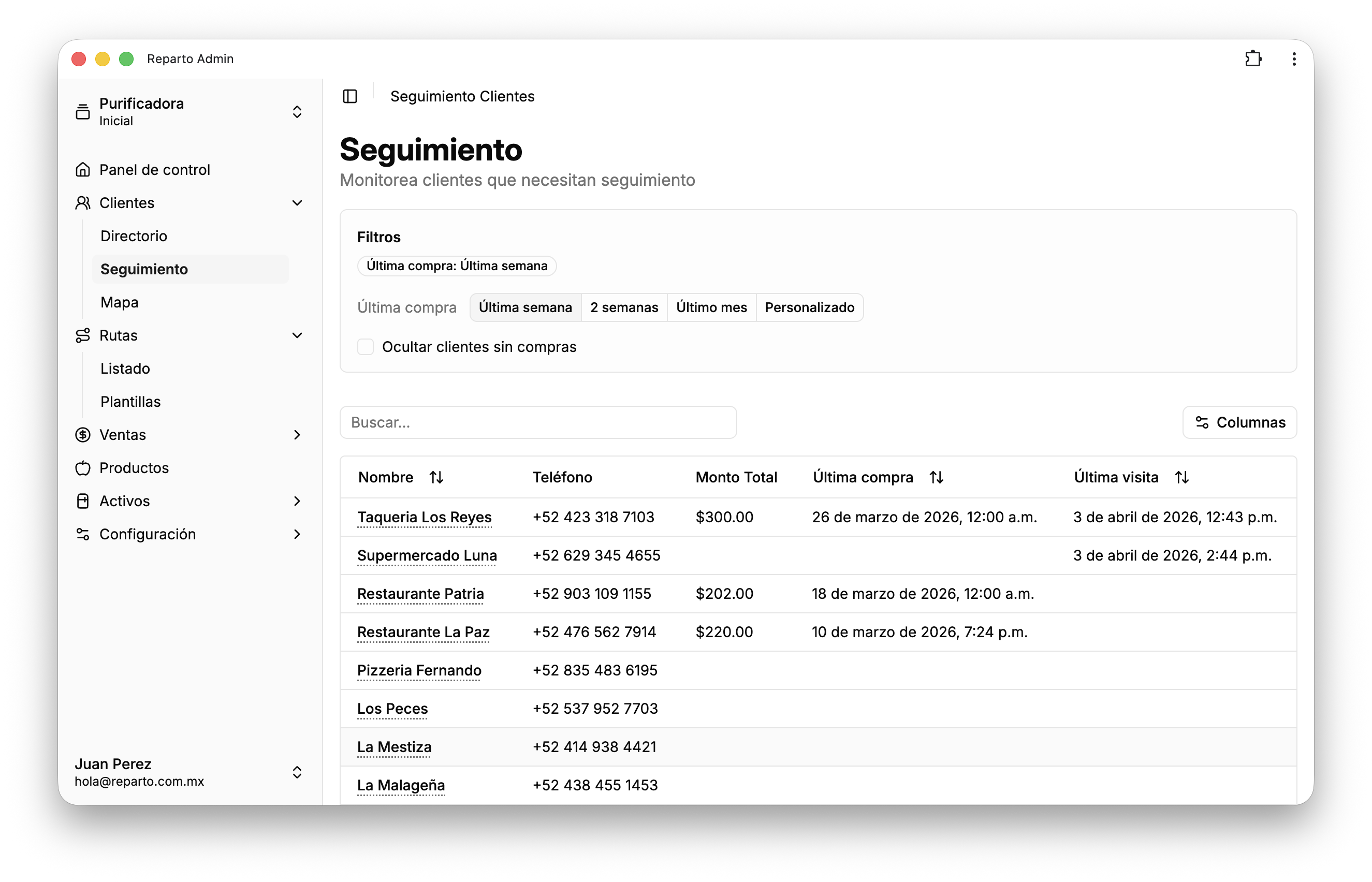 Seguimiento del cliente en Reparto