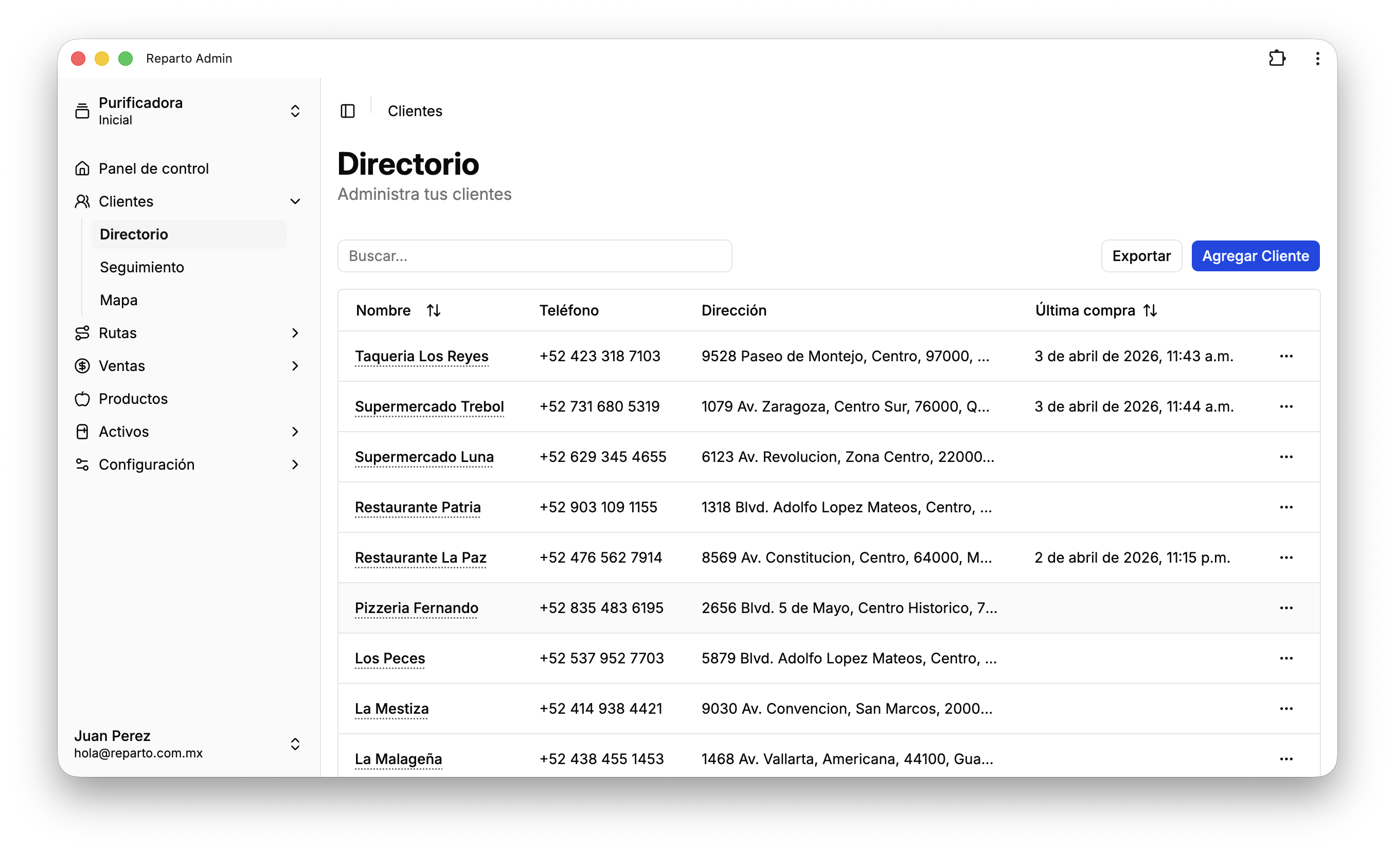 Lista de clientes en Reparto