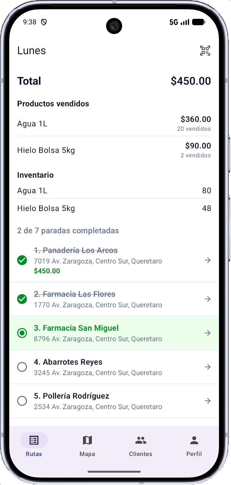 Vista de rutas en la app de Reparto para Android