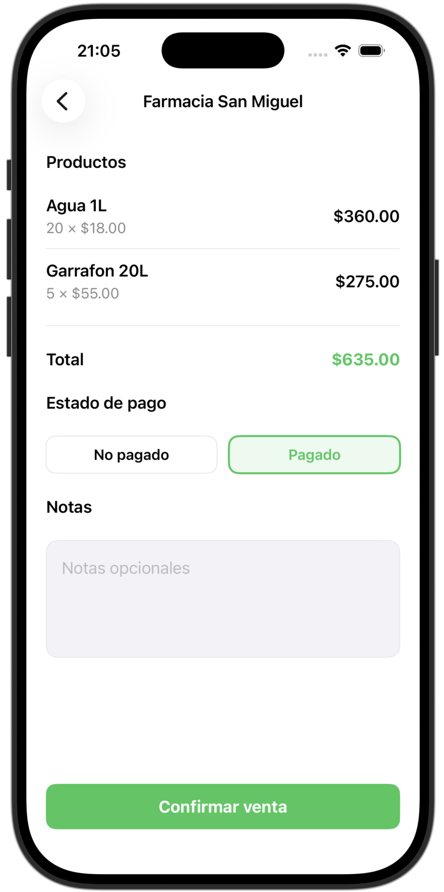 Confirmar venta en la app móvil de Reparto