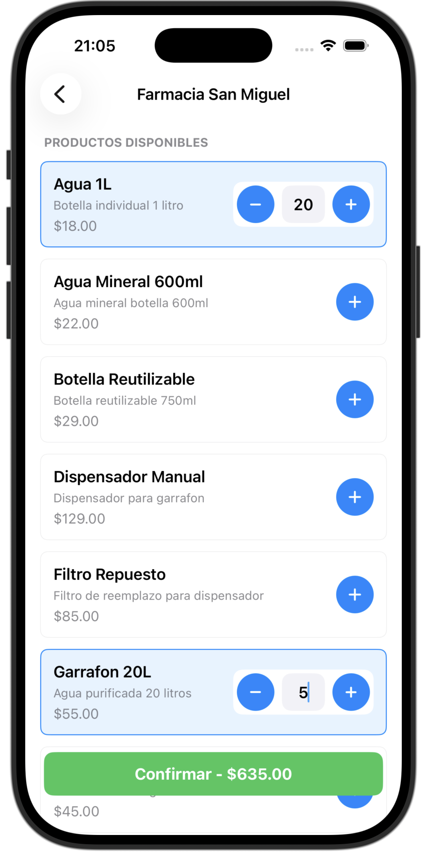 Seleccionar productos en la app móvil de Reparto